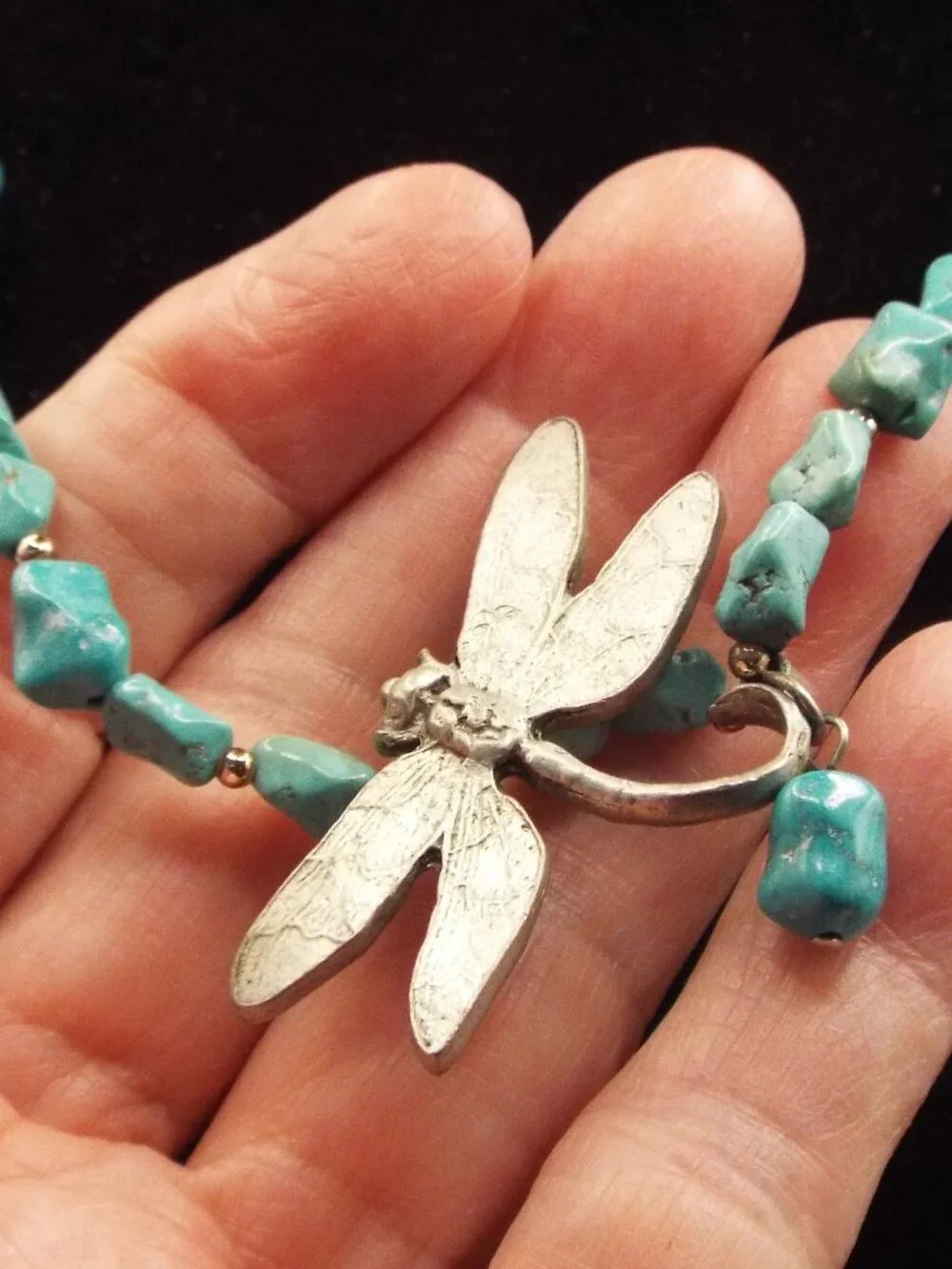 COUSIN CLAUDINE KINGSTON TURQUOISE W/ SILVERY DRAGONFLY NECKLACE 51
